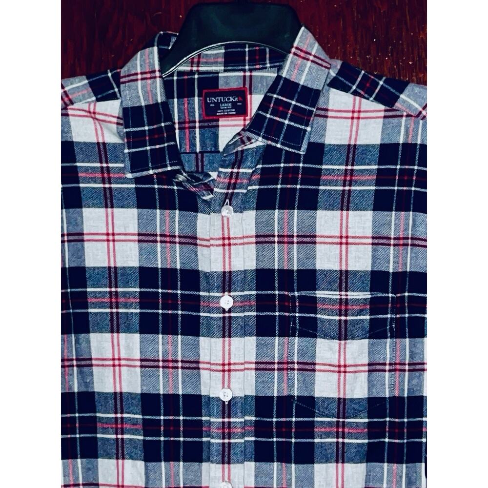 UNTUCKIT BLUE GRAY WHITE RED COTTON FLANNEL SLIM FIT SHIRT SIZE L / LARGE